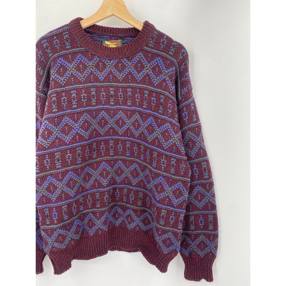 Vintage Other - Vintage ALPS Sweater Mens Burgundy Fair Isle Geometric Knit Crewneck USA Made